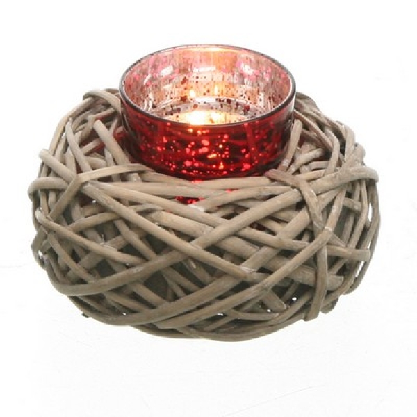 Windlicht im Weidenkorb, grau,